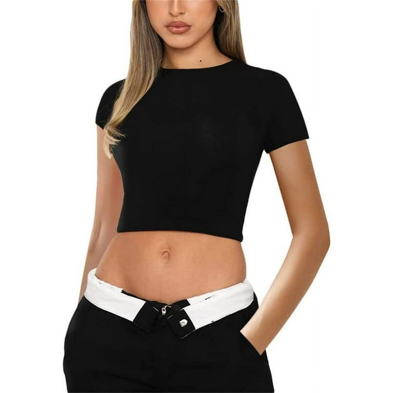 DanceeMangoos Women Y2K Skim Dupes Sexy Short Sleeve Tops Solid Slim Fitted  Top Shirt Basic Crew Neck Going Out Shirt Streetwear 