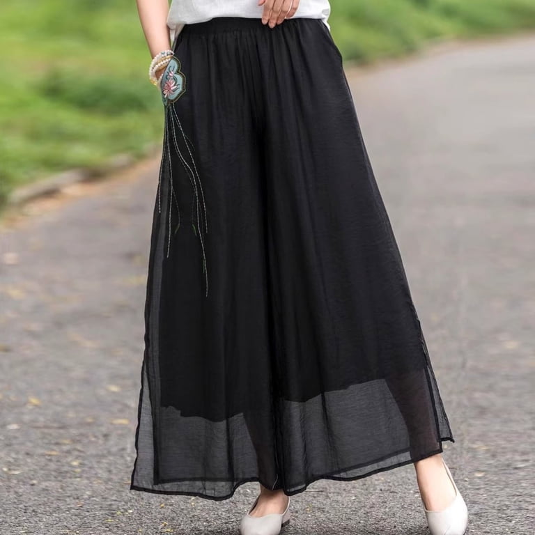 Flowy Palazzo Dress Pants for Women Casual Fall Wide Leg Embroidery Mesh  Pant Elastic Waist Boho Trousers Pockets M-3XL - Walmart.com