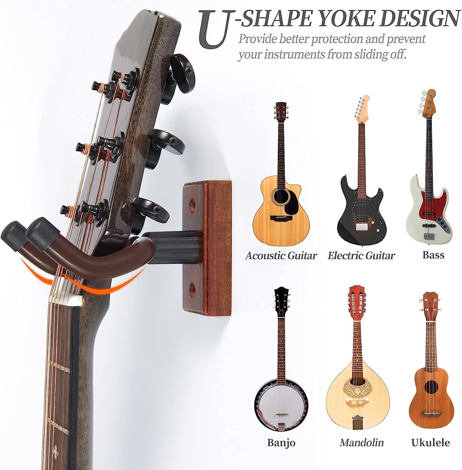 Wooden Guitar Wall Hanger - Pack Of 5 Mount For Safe Storage And Display Sturdy Guitars