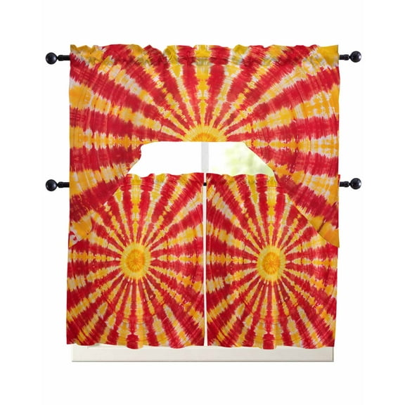 Yellow Red Boho Kitchen Curtains Sets 36 Inch Length with Valance, Farmhouse Gradient Abstract Tie Dye Art Swag Valances and Tiers Curtain Set Drapes Swag Curtains for Living Room, Bathroom, Bedroom