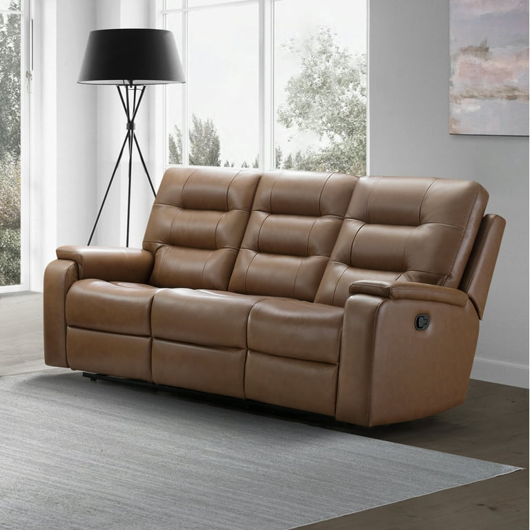 Devon Claire Wyatt Premium Top Grain Leather Manual Reclining Sofa Couch Camel