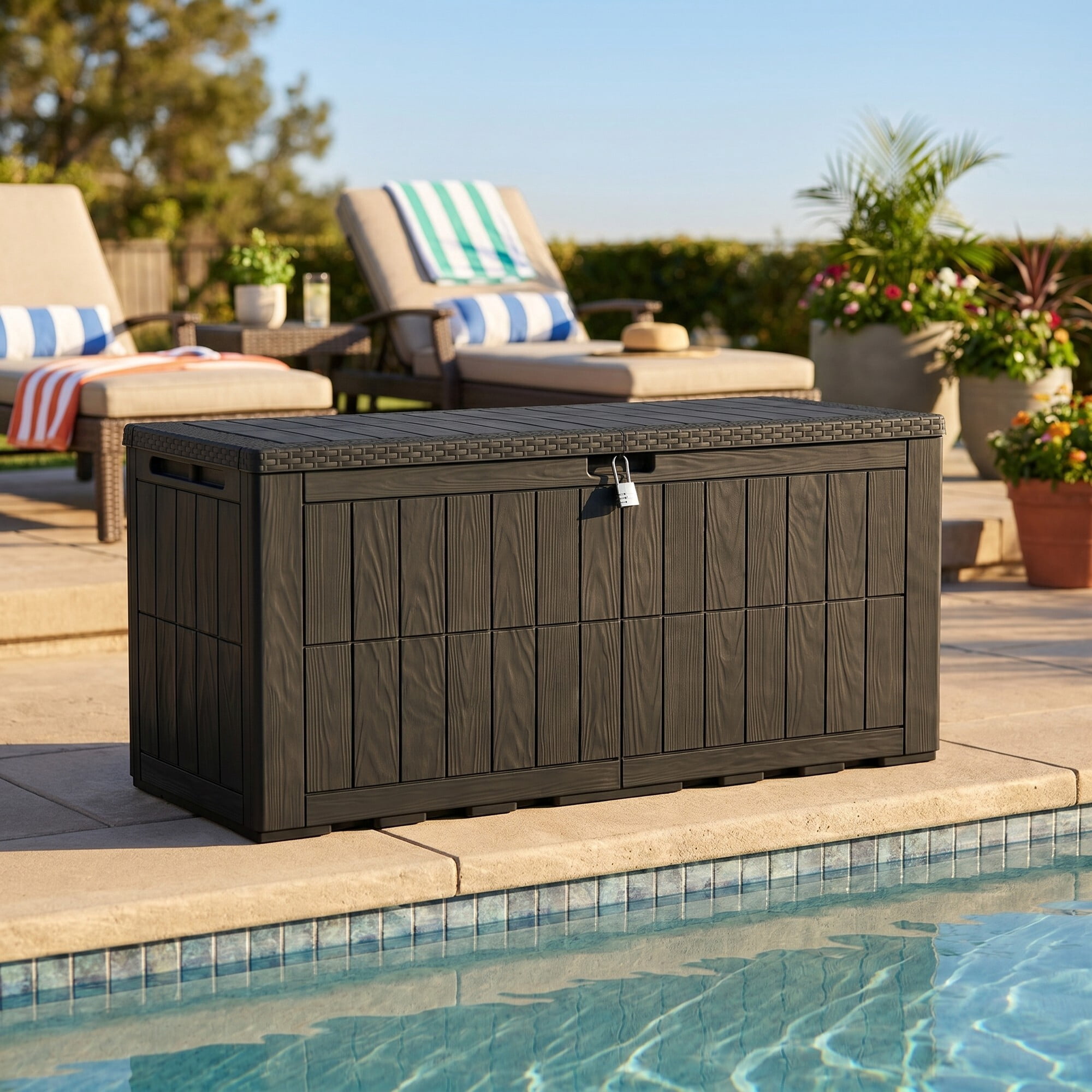 Uforic 134 Gallon Waterproof Outdoor Storage Box with Lock, Resin Deck Box with Hydraulic Support, Weatherproof Storage Bin for Patio Cushions Garden Tools Pool Supplies, Black