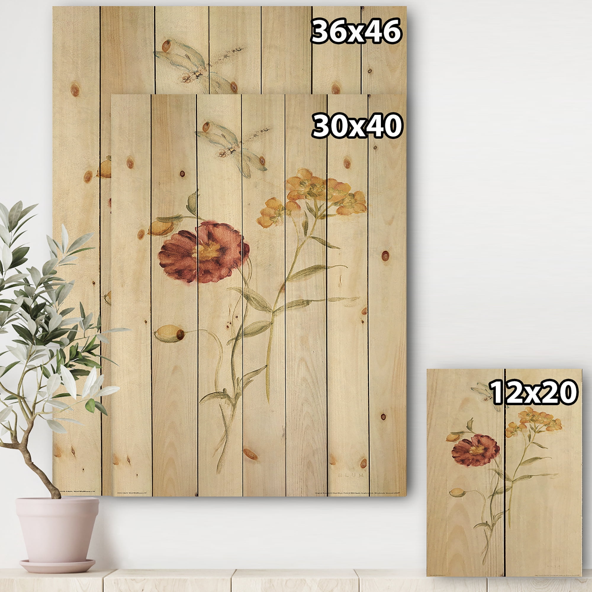 Designart 'Wild Simple Wallflowers III' Farmhouse Print on Natural Pine Wood