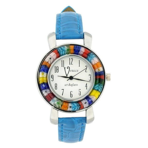 GlassOfVenice Serena Murano Millefiori Watch With Leather Band - Light Blue