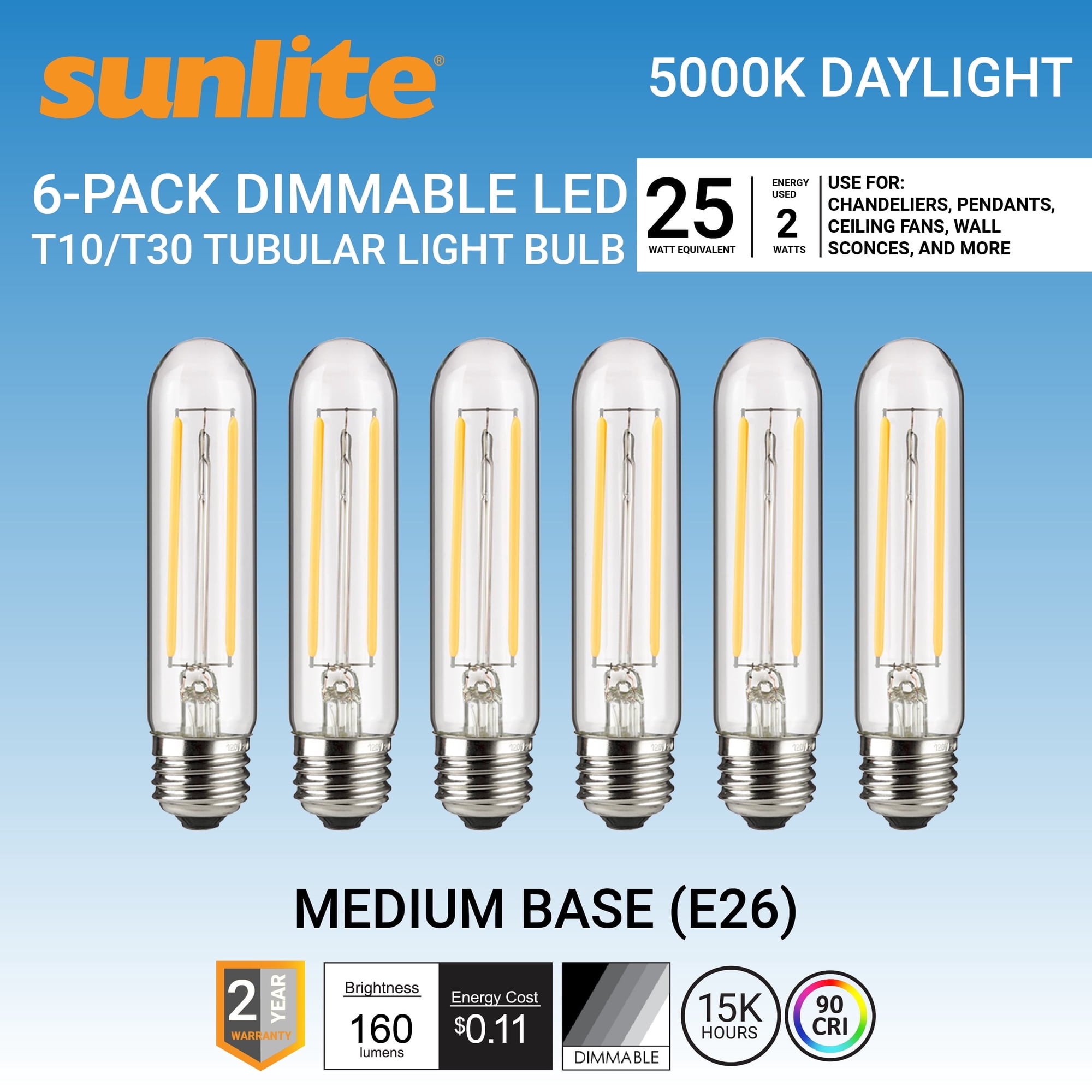 Sunlite 41793 LED Edison T10/T30 Tubular Light Bulb, 2 Watts (25W Equivalent), 160 Lumens, Medium E26 Base, 120 Volts, Dimmable, 90 CRI, UL Listed, Clear, 5000K Daylight, 6 Pack