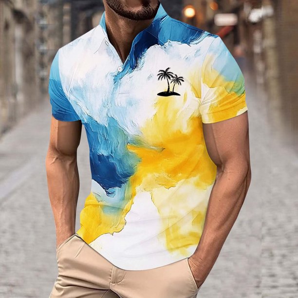 Blusa y camisa de manga corta con cuello vuelto para hombre, blusa de manga larga con solapa y botones estampados, blusa de poliéster para hombre