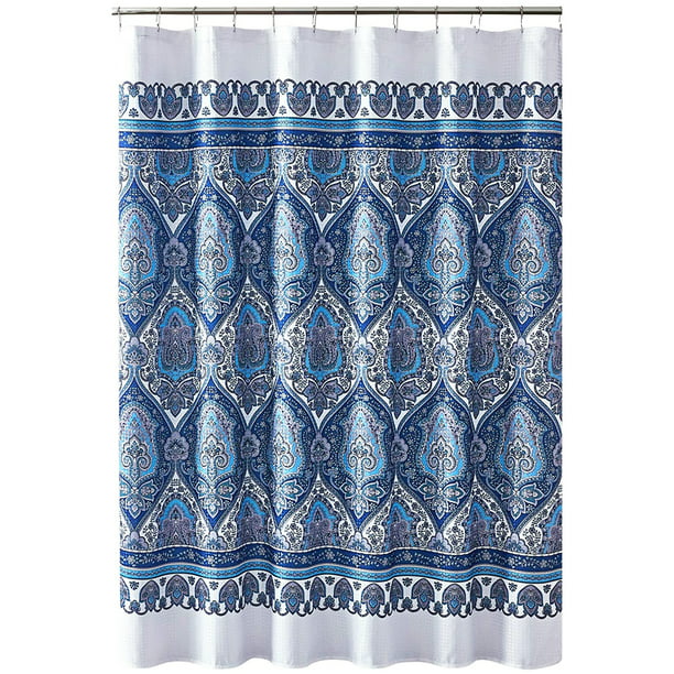 Bohemian Style Fabric Shower Curtain, Teal Navy Gray Shower Curtain