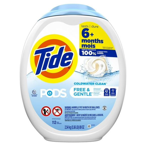 Tide PODS Free & Gentle Liquid Laundry Detergent Pacs, HE Compatible and Coldwater Clean, 112 Count