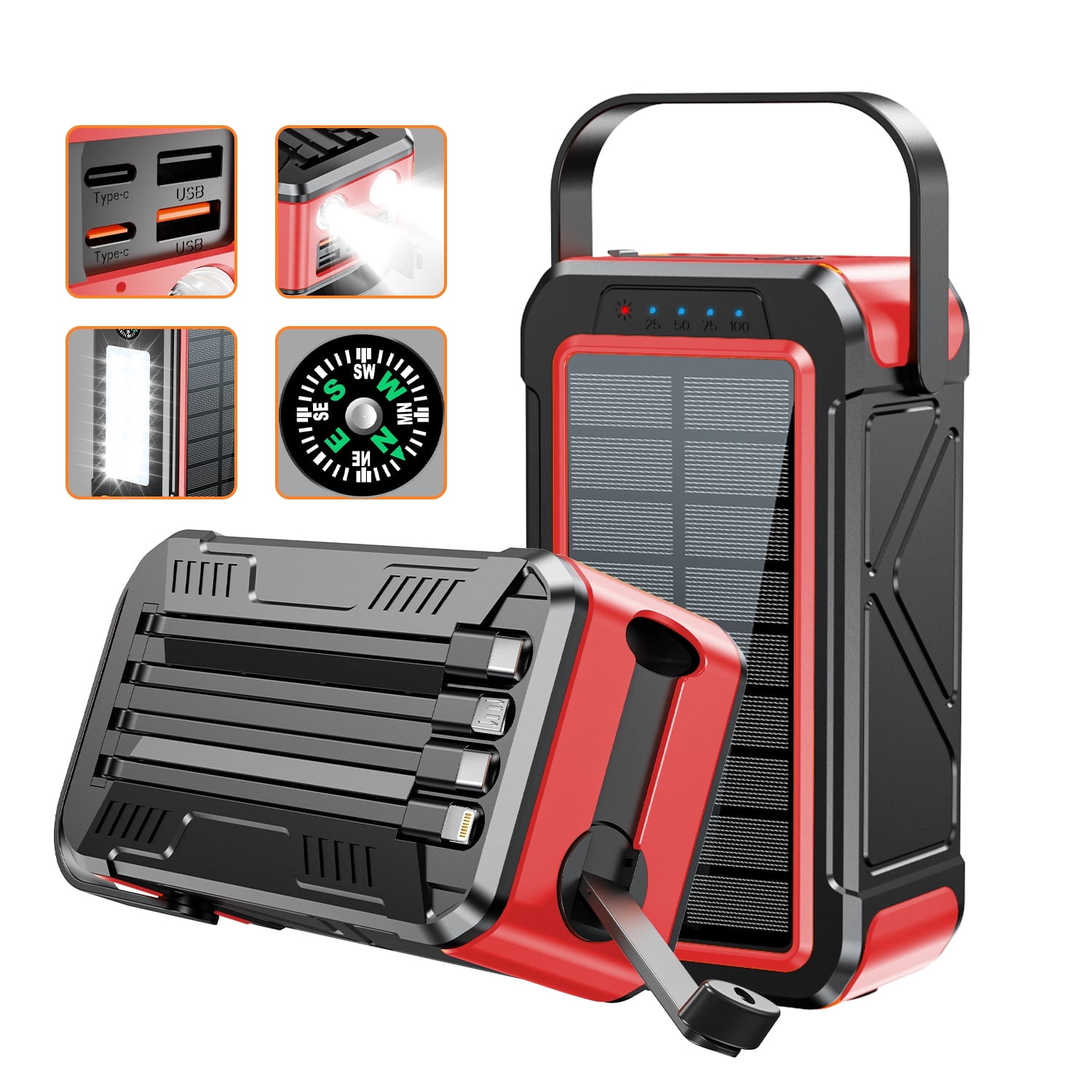 KOGYAS Solar Charger 80000mAh Built-in Cables, 22.5W Fast Charging Portable Power Bank with USB C, Camping Light, Flashlight, Battery Pack for iPhone 16 15 14 13 12 11, iPad, Samsung, Apple Watch