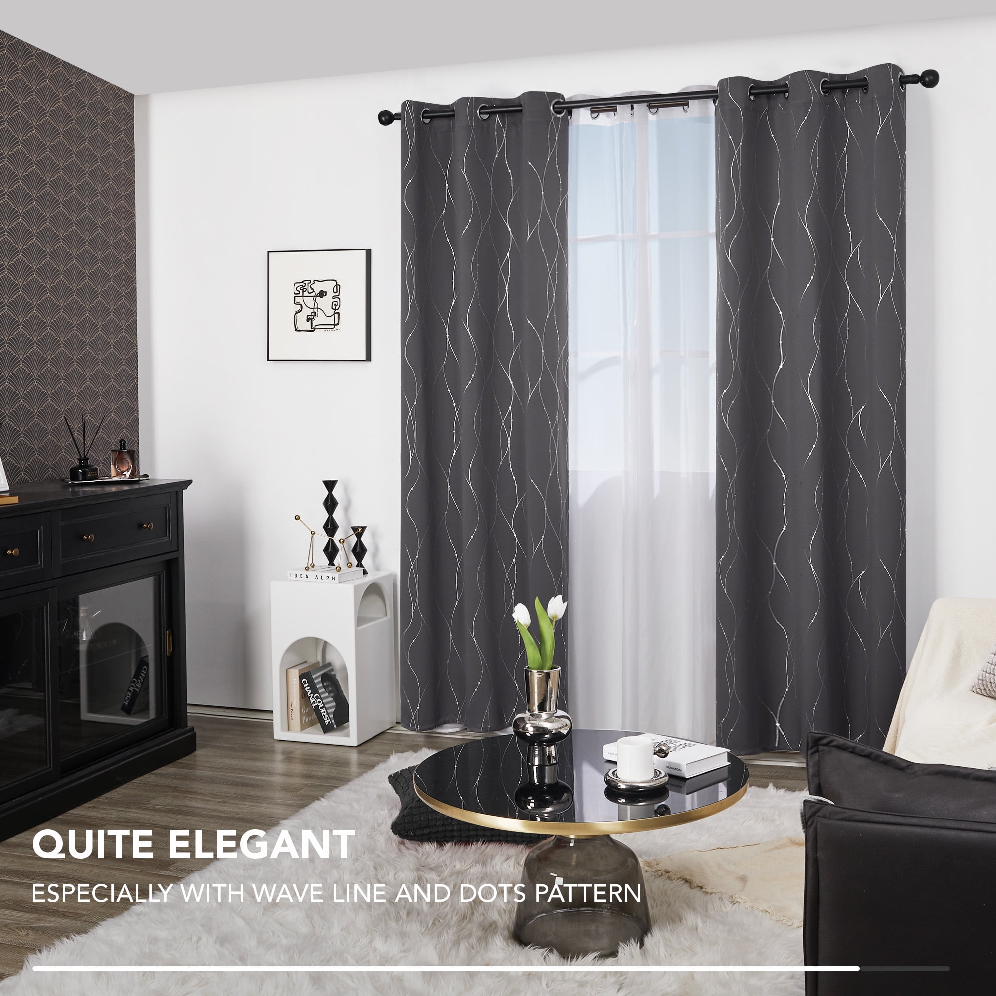 Deconovo Silver Printed Blackout Curtains - 2 Panels, Wave Dots Pattern, Grommet Top, 42"x84", Thermal Insulated Drapes for Bedroom & Living Room, Dark Gray