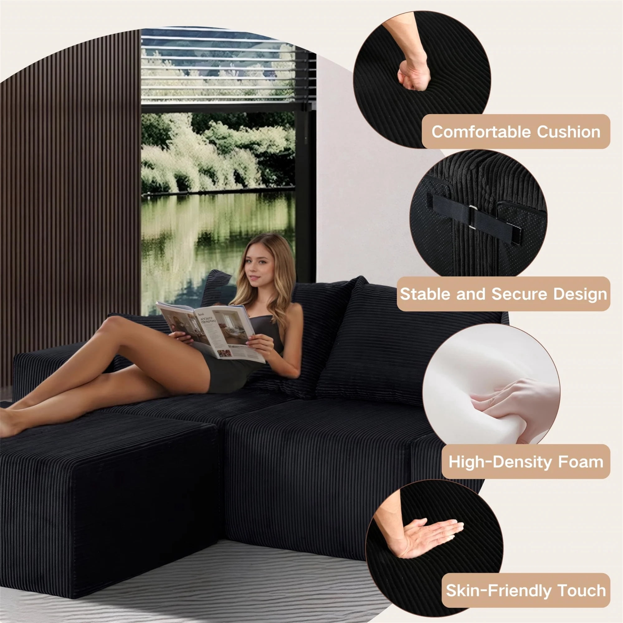 Aukfa 111" Cloud Sectional Sofa Deep Seat Boneless Couch with USB&Cupholdes Storage Console, Modular L-Shaped Couch for Living Room, Corduroy, Black