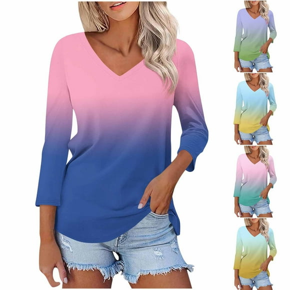 Sentmoon Going out Tops Three Quarter Sleeve V Neck Beach Tshirts Gradient Color Print Relaxed Concert Outfits for Women 2025 Summer Trendy for Tropical Vacation XXL