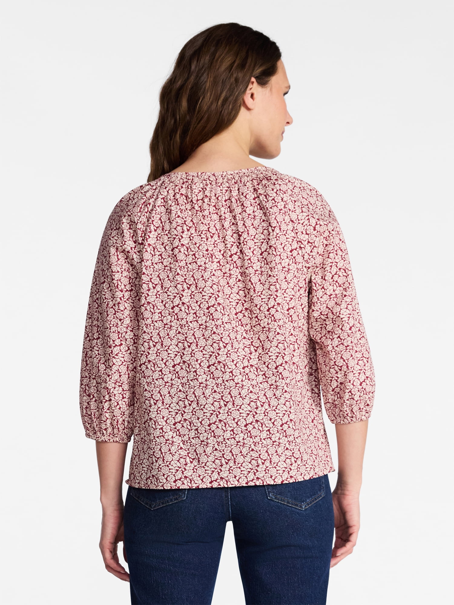Time and Tru Women's Cotton Button Front Blouse with ¾ Length Sleeves, Sizes XS-XXXL
