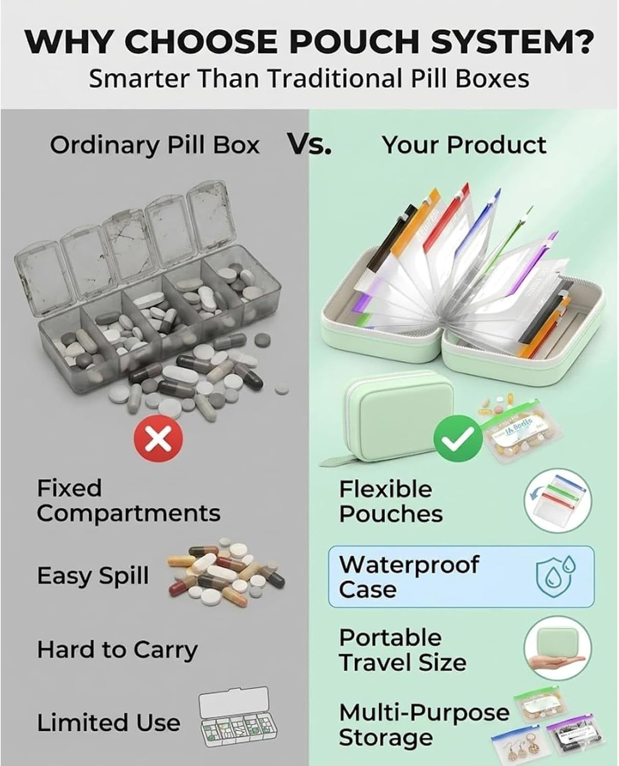 JEBTBFZE Waterproof Pill Organizer Set, Pill Pouches for Travel, with 14 Color-Pill Pouches, 7–14 Day Travel Pill Organizer, Portable Reusable Binder Design Zippered Pill Storage  (Pink)