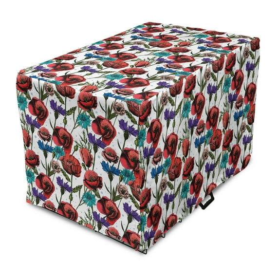 Botanical Dog Crate Cover, Print of Meadow Beauty Along Poppy Cornflower Lily Blooming Branches Blossom, Easy to Use Pet Kennel Cover Small Dogs Puppies Kittens, 7 Sizes, Red and Purple, by Ambesonne