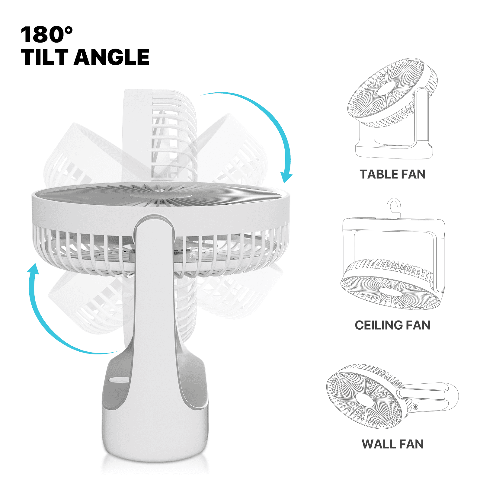 mollie USB Rechargeable Desktop Fan, Wall Mounted Hanging Fan with LED Light and Hook, Speed Adjustable Air Cooler Fan For Home Bedroom, White