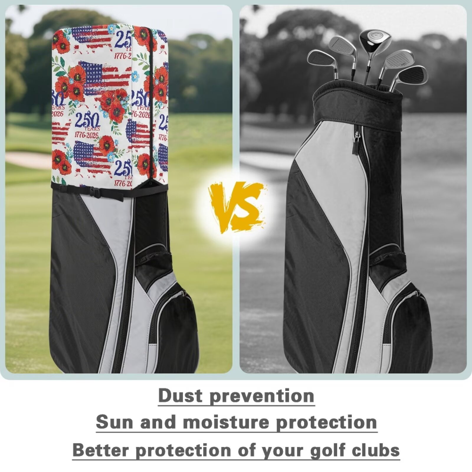 Yuyamidu 250 Years America Golf Bag Hood Cover Waterproof Rain and Dust Covers with Zipper Hibiscus Easy Access and Storage Golf Bag Top Cover