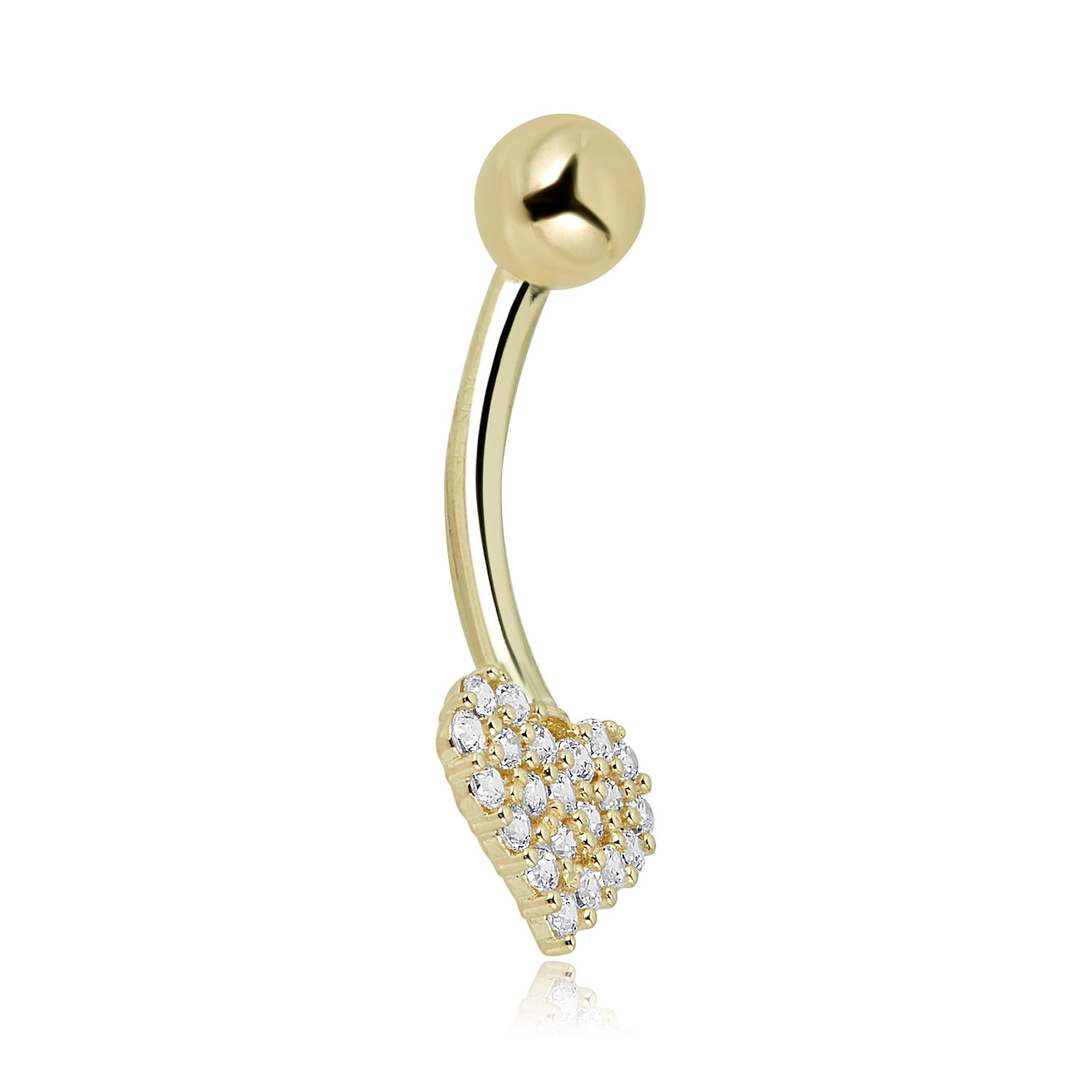 AVORA 10K Yellow Gold Simulated Diamond CZ Pave Heart Belly Button Ring Body Jewelry (14 Gauge)
