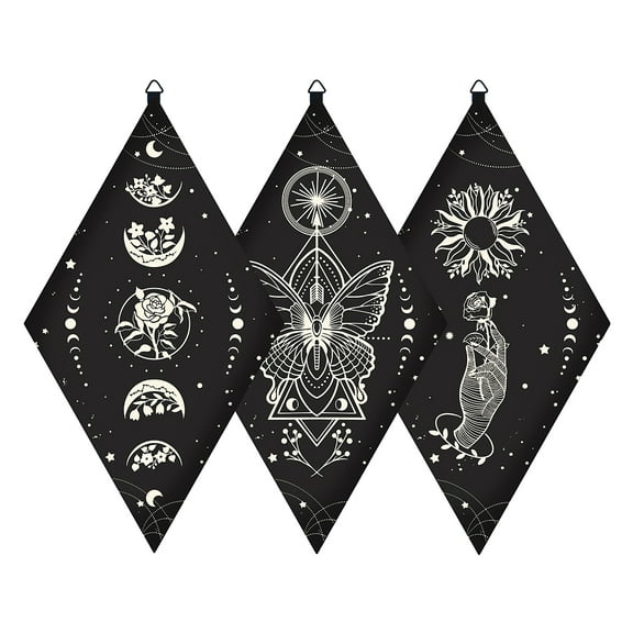 1set Wooden Wall Decorations Boho 3pcs Black Wooden Pendulum Board Flowers Butterflies Hands Wall Hanging Ornament Rhombus Wall Art with Tarot Patterns for Witchcraft Wiccan Altar Supplies