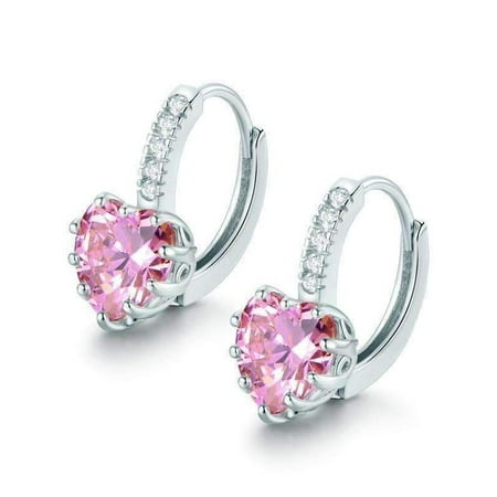 Feshionn IOBI - CLEARANCE - Heart Shaped Blushing Pink Diamond CZ Solitaire Hoop Earrings White ...