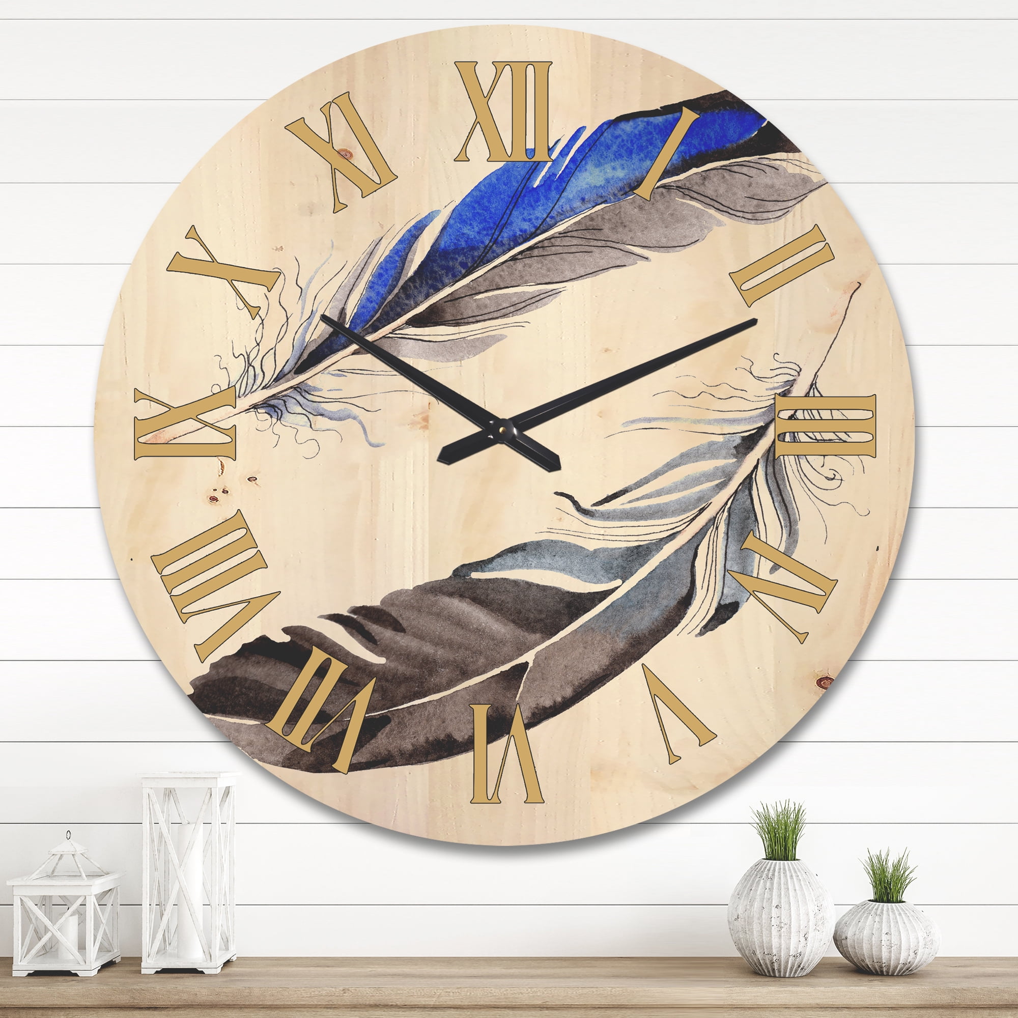 Designart 'Colourful Boho Art Feathers III' Bohemian & Eclectic Wood Wall Clock