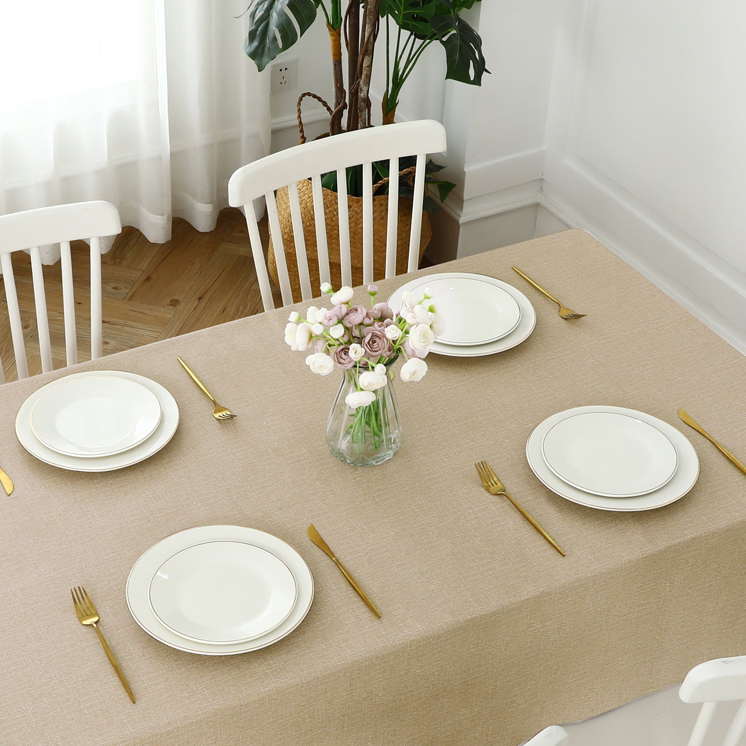 Rectangle Waterproof Tablecloth – Linen-Look Polyester With Tassels, 57x120 Inches, Blue & White Farmhouse Style