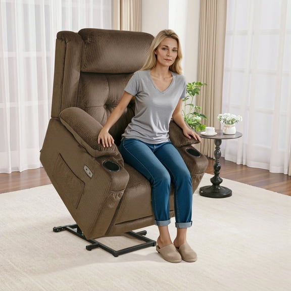 MCombo Lay Flat Triple Motor Power Lift Recliner for Big and Tall, Adjustable Headrest, Fabric(Brown)