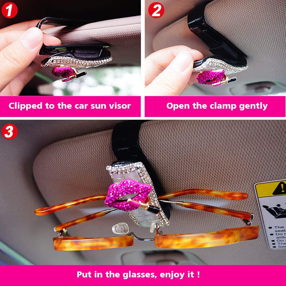 Fashion Durable & Easy to Use Pink Sunglass Holder for Car Visor Organizer for Car Double Layer with Ticket Card Clip PLANTURECO 2 Pack Bling Car Accessories for Women 