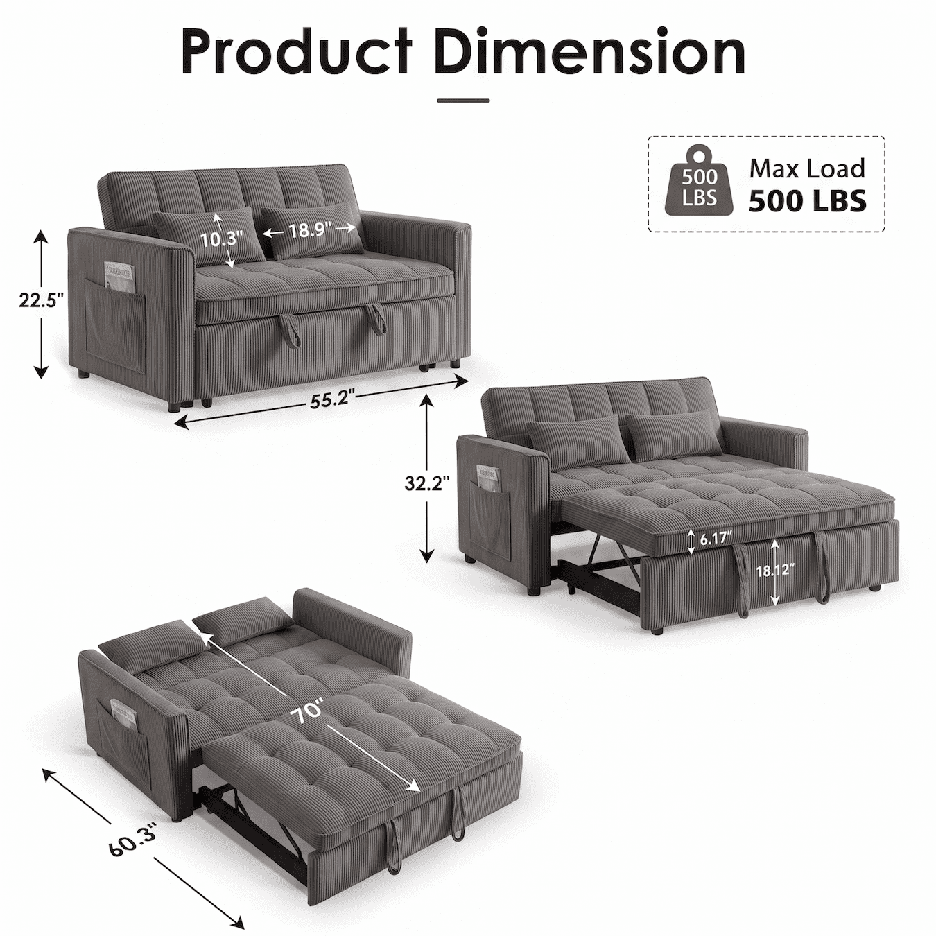 Xiweot 54" Sleeper Sofa Bed, Convertible Pull Out Couch for Living Room Apartment, Velvet Futon Loveseat Sofa Bed with Adjustable Backrest, Side Pockets, 2 Pillows, Easy Assembly (Dark Gray)