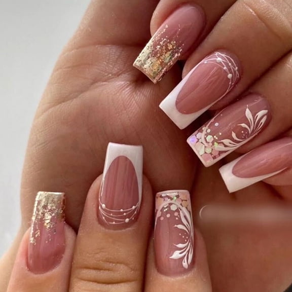 Yoyauz 24PCS French Pointed Nail, Short Fake Nail, Square Needle Nail, And White Nude Pink Flower Design Charm Acrylic Nail Suitable For Female And Girls