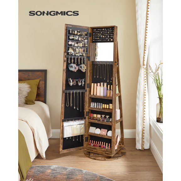 SONGMICS 360° Swivel Jewelry Cabinet, High Full Length Mirror, Lockable Jewelry Armoire, with Built-in Small Mirror, Rear Storage Shelves, Rustic Brown