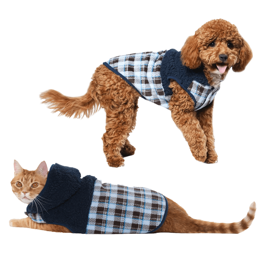 Vibrant Life Dog Clothes: Hooded Jacket for Fall & Winter, Blue Plaid Fleece with Sherpa Piecing, Size L
