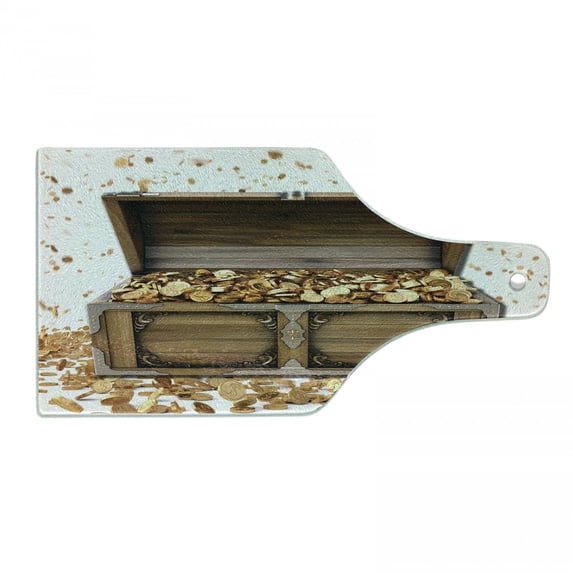 Chest Cutting Board, Wealth Themed Gold Coins Kings Ransom Wooden Box Pirate Treasure Picture, Decorative Tempered Glass Cutting and Serving Board, in 3 Sizes, by Ambesonne