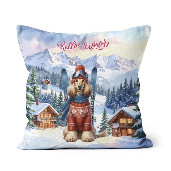Hello Welcome Winter The Ski Afghan Hound Snowy Day Pillow Cushion Double Sided Dog Lover Throw Pillow - 13013