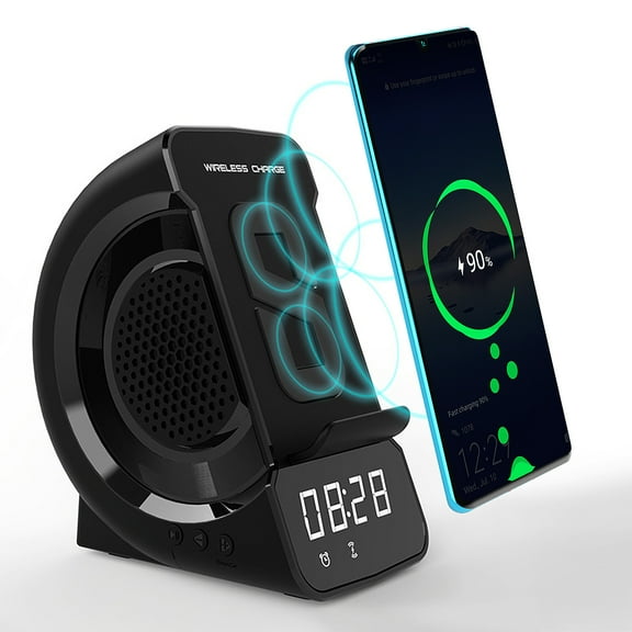 Fusipu WD-200 Wireless Charger Bluetooth-compatible Speaker Digital LED Display Alarm Clock Radio Charging Station with Phone Holder for Bedroom Office