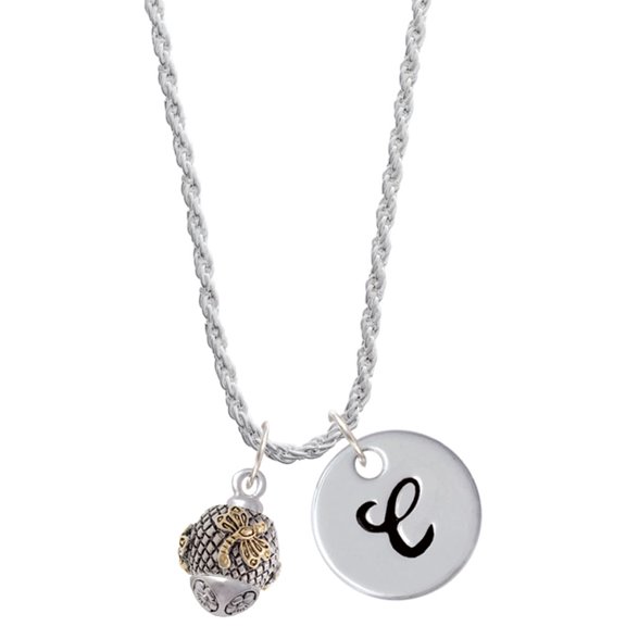 Delight Jewelry Goldtone Dragonfly on Silvertone Hatched Background Spinner Silvertone Script Initial Disc - C - Charm Necklace, 20"+3"