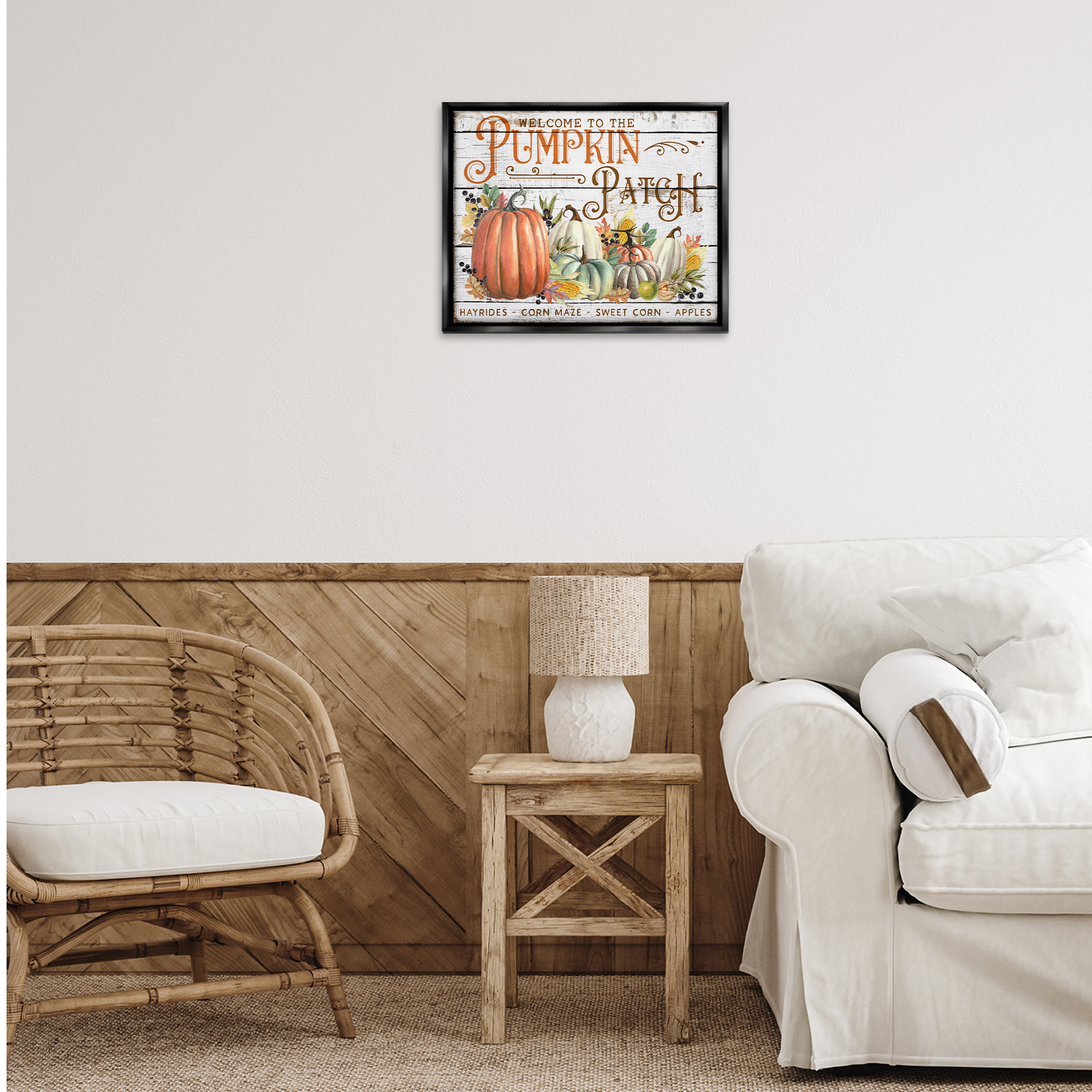 Stupell Industries Welcome Pumpkin Patch Holiday Painting Black Floater Framed Canvas Art Prints Wall Art, 21 x 17