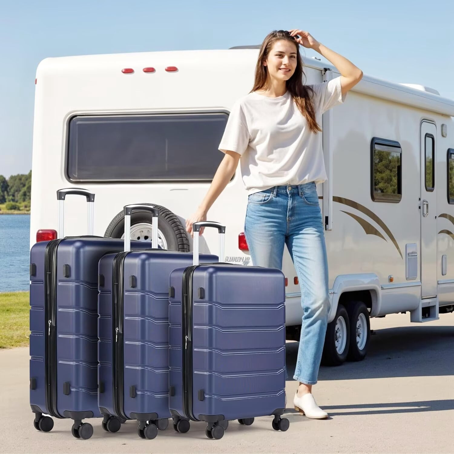 QUIOCOZY 28-inch Hardside Checked Luggage, Lightweight Expandable Suitcase with Spinner Wheels and TSA Lock, Blue