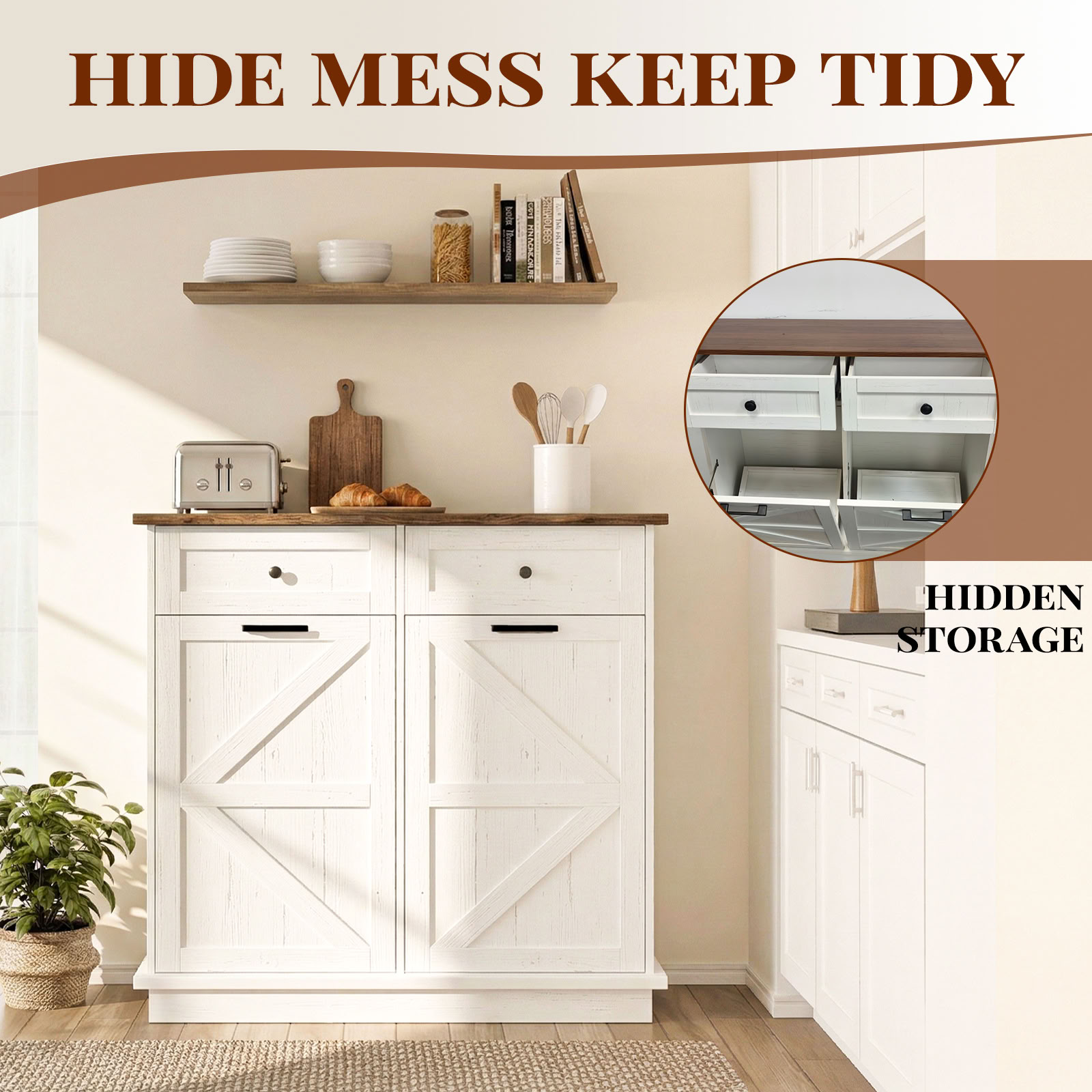 MAYEERTY 39.4" Farmhouse Storage Cabinet, Double Tilt Out Trash Can Cabinet with Drawer, Hidden Cabinet for Kitchen, Laundry, Living Room, Office