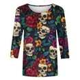 thumbnail image 4 of Uootdi Halloween Shirts for Women 3/4 Sleeve Crew Neck Skull Pumpkin Witch Graphic Casual Festival Basic Tee for Gift Party Stree t, 4 of 5