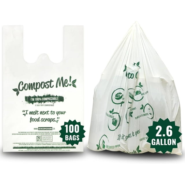 Refresh Packaging Compost Bags - 100% Certified Kitchen Garbage Bag for Shopping & Grocery - Green Bin Bags with Handles