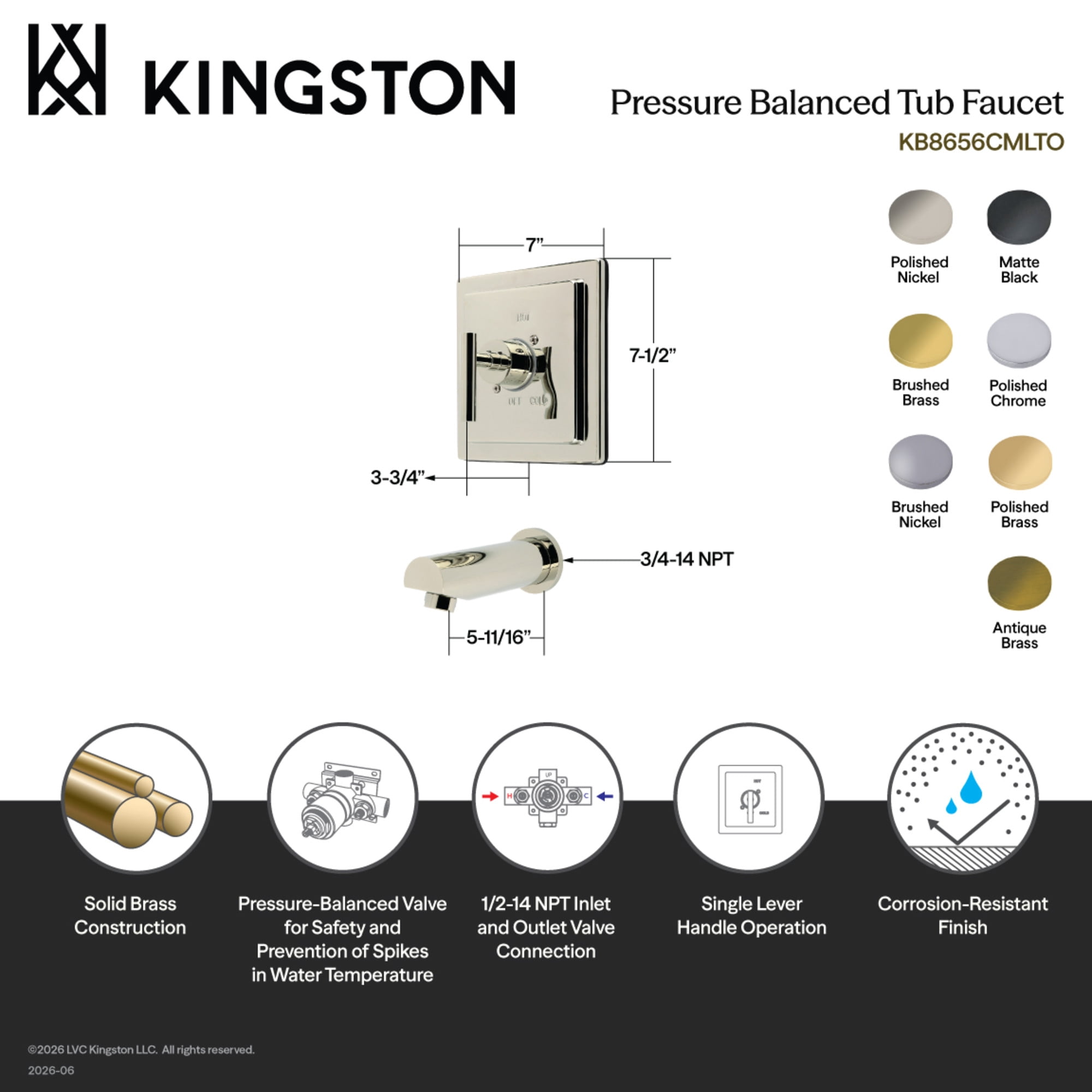Kingston Brass KB8656CMLTO Manhattan Single-Handle Pressure Balanced Tub Faucet in Polished Nickel