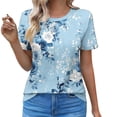 thumbnail image 2 of JTZGDY Womens T Shirts Short Sleeve Tops Boho Floral Printed Casual Pleated Front Tunic Blouses Flowy Dressy Crew Neck Summer Outfits Light Blue#03 L, 2 of 7