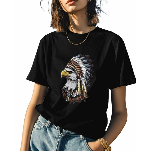 Women's T-Shirts, Native American Style Bald Eagle Cotton Crewneck Tee Short Sleeve Casual Tops Loose Graphic T-Shirt Black, S