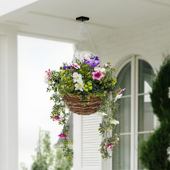 14in Hanging Basket Flower，Handmade Woven Basket Silk Flower，Mental Chain，Green color，1pcs