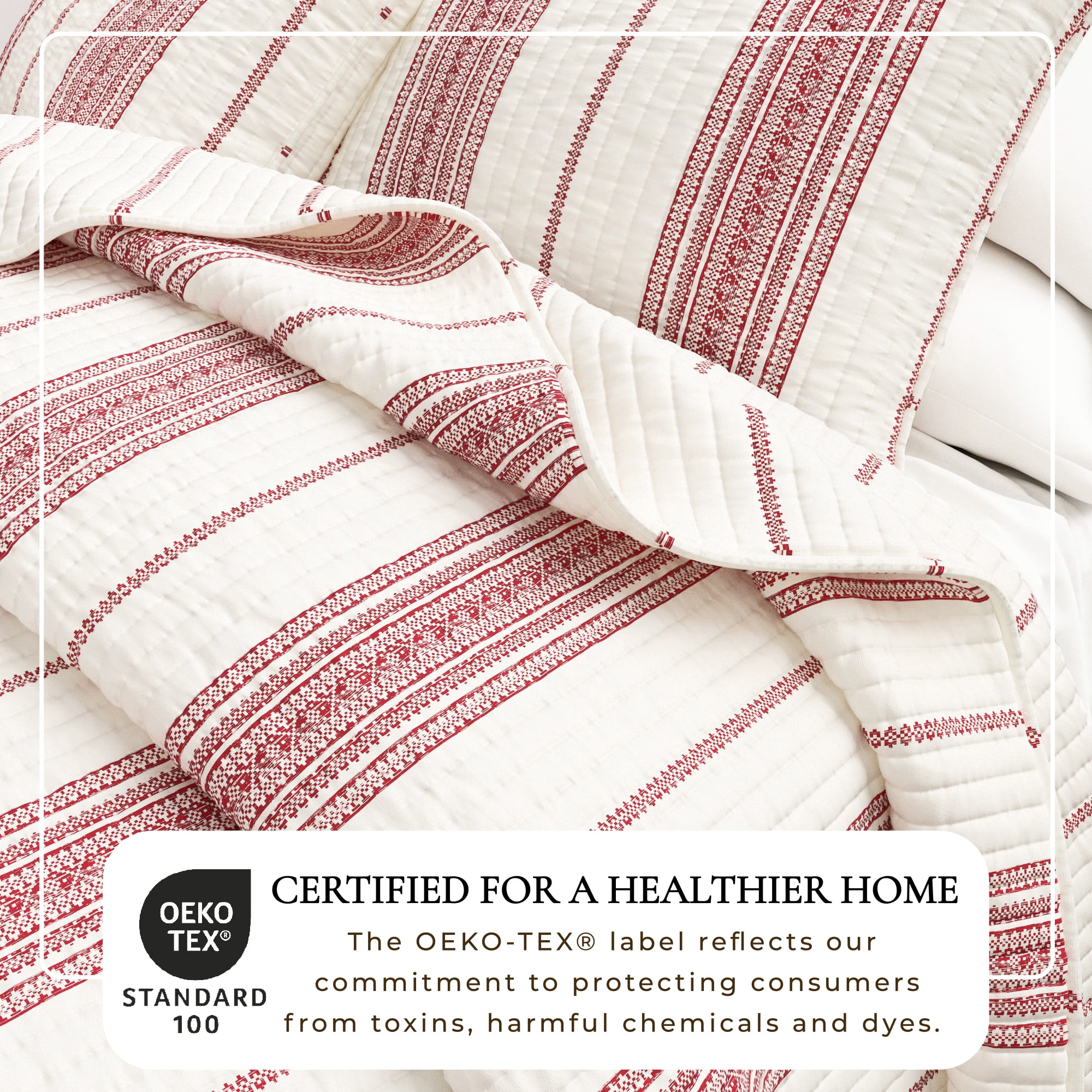 Striped Quilt Set - Lightweight, Soft, All-Season - 3-Piece Reversible Farmhouse Bedding Set (Full / Queen, Cream / Red)