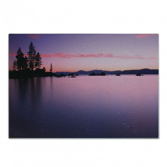 Lake Cutting Board, Calm Lake After Sun Disappeared with Evening Skyline Tranquil Nature Inspired Print, Decorative Tempered Glass Cutting and Serving Board, Small Size, Purple, by Ambesonne
