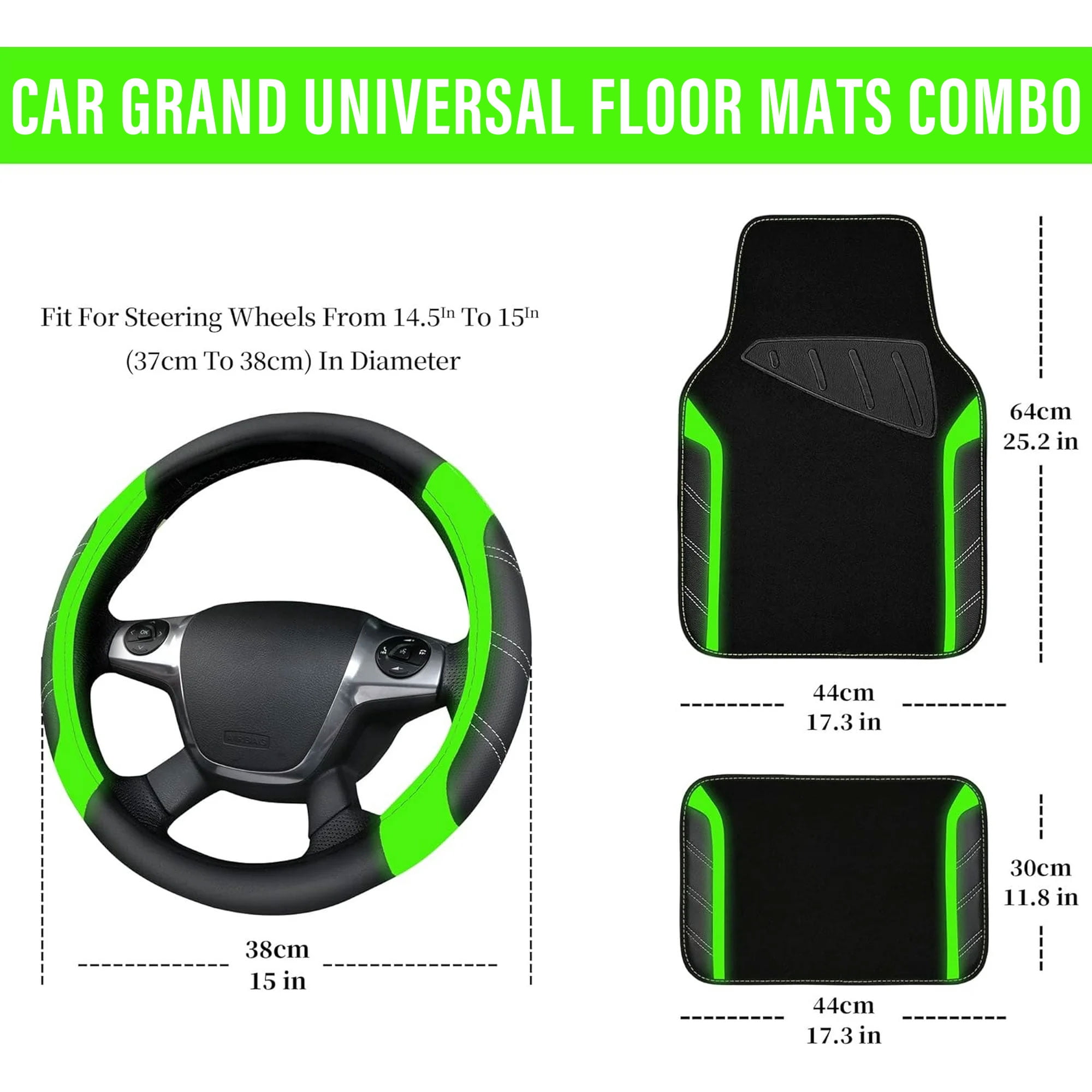 CAR GRAND Leather Steering Wheel Cover and Waterproof Car Floor Mats,Microfiber Universal Car Combo Fit for Sedan,SUV,Cars,14.5-15inch Sporty Anti-Slip Comfortable Design(Black＆Fluorescence Green)