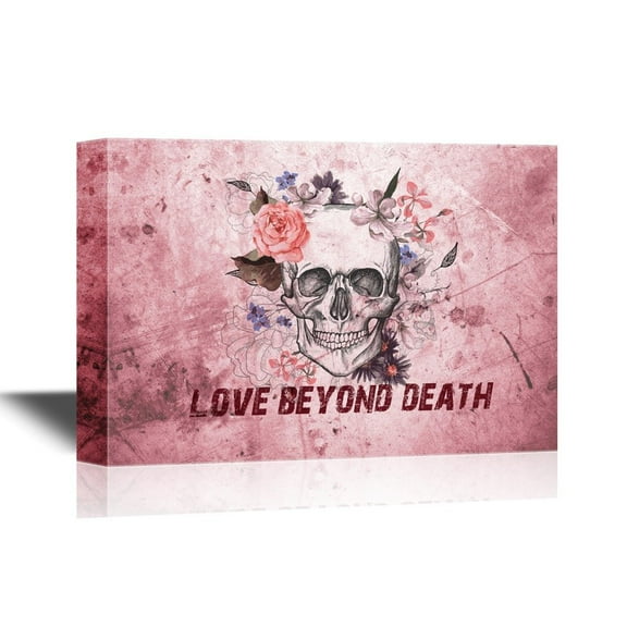 wall26 - Canvas Wall Art - Skull with Flowers on Vintage Background with The Words Love Beyond Death - Gallery Wrap Modern Home Art | Ready to Hang - 32x48 inches