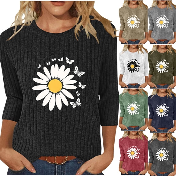 Jsaierl 3/4 Length Sleeve Womens Tops Plus Size Crew Neck Shirts Boho Graphic Petite Blouses Flowy Holiday Tunic Top S-2XL